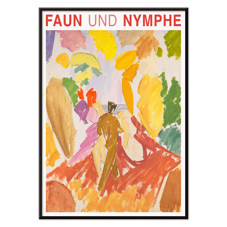 Faun and Nymphe by Edvard Weie vibrant abstract painting with figures and colorful brushstrokes Poster showing vibrant abstract figures with bold colors titled Faun and Nymphe by Edvard Weie.