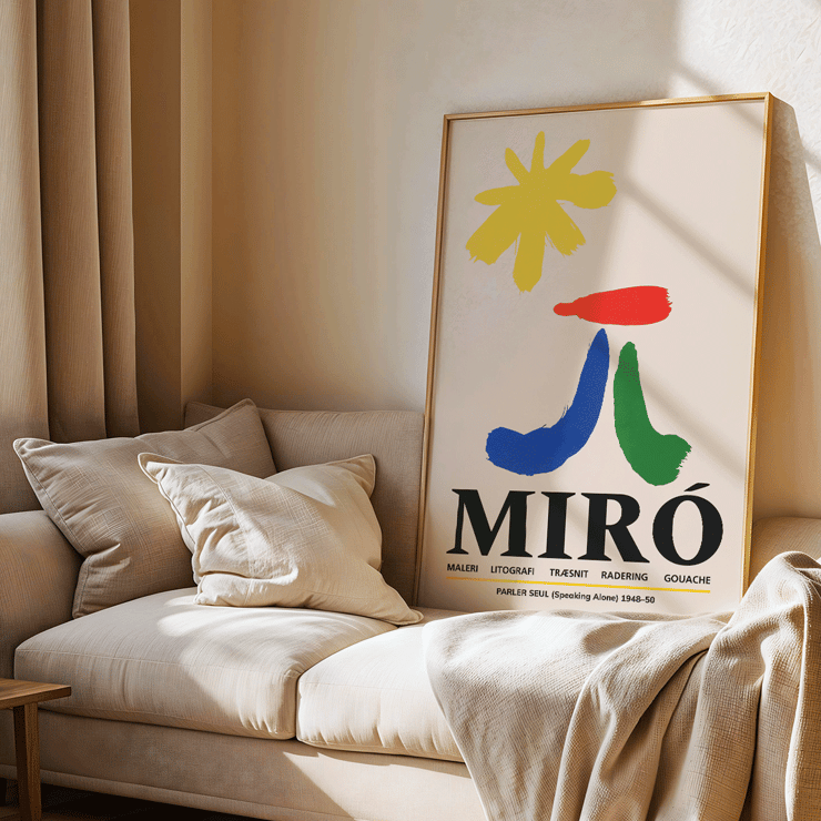 Parler Seul exhibition poster by Joan Miro featuring colorful abstract shapes Exhibition poster Parler Seul by Joan Miro featuring abstract colorful shapes on a light background.