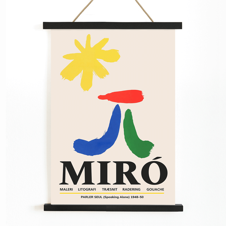 Parler Seul exhibition poster by Joan Miro featuring colorful abstract shapes Exhibition poster Parler Seul by Joan Miro featuring abstract colorful shapes on a light background.