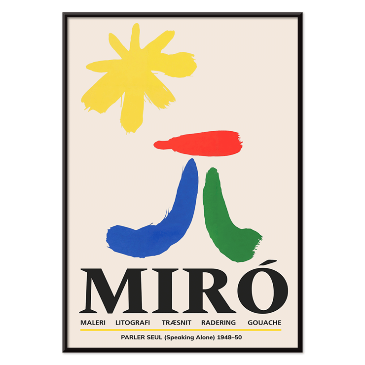 Parler Seul exhibition poster by Joan Miro featuring colorful abstract shapes Exhibition poster Parler Seul by Joan Miro featuring abstract colorful shapes on a light background.