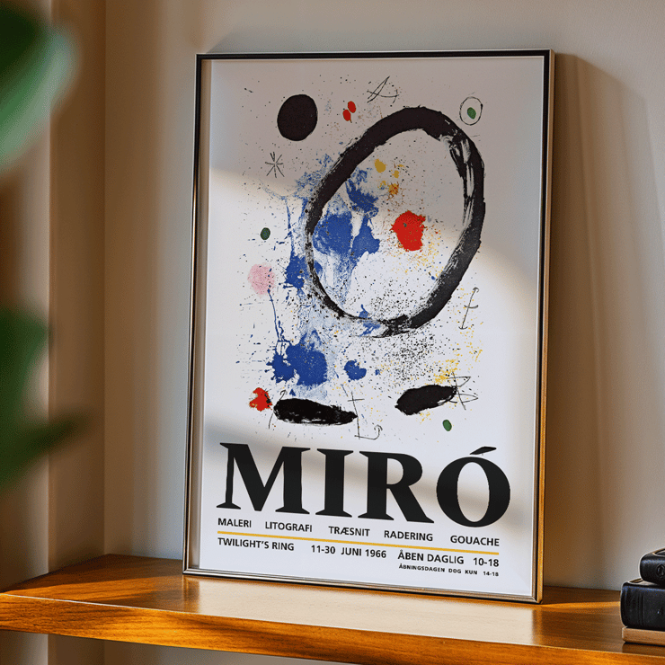 Twilight’s Ring exhibition poster inspired by Joan Miro featuring abstract artwork Poster featuring abstract artwork with bold colors and shapes by Joan Miro titled Twilights Ring.