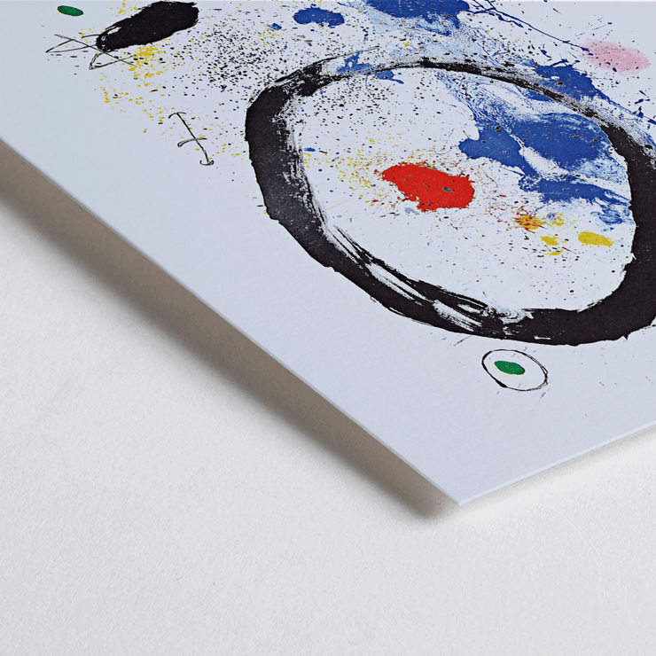 Twilight’s Ring exhibition poster inspired by Joan Miro featuring abstract artwork Poster featuring abstract artwork with bold colors and shapes by Joan Miro titled Twilights Ring.