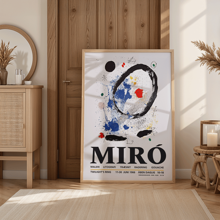 Twilight’s Ring exhibition poster inspired by Joan Miro featuring abstract artwork Poster featuring abstract artwork with bold colors and shapes by Joan Miro titled Twilights Ring.