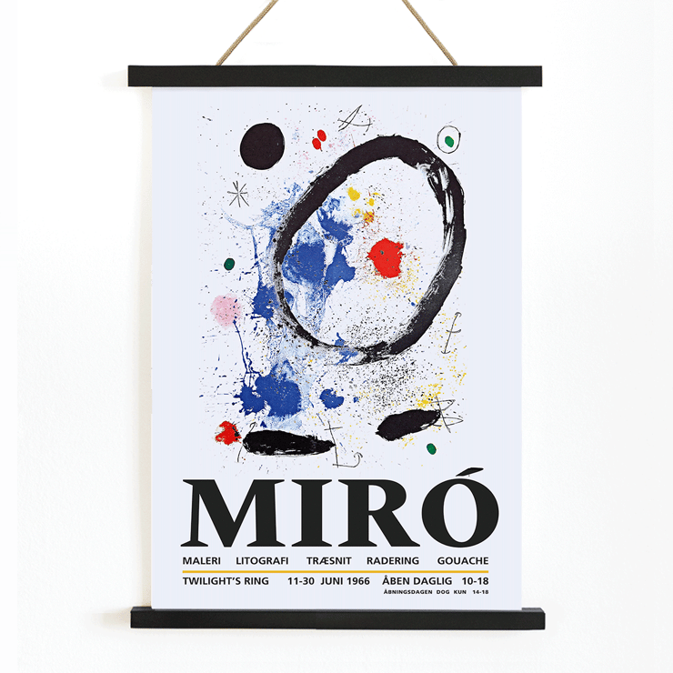 Twilight’s Ring exhibition poster inspired by Joan Miro featuring abstract artwork Poster featuring abstract artwork with bold colors and shapes by Joan Miro titled Twilights Ring.