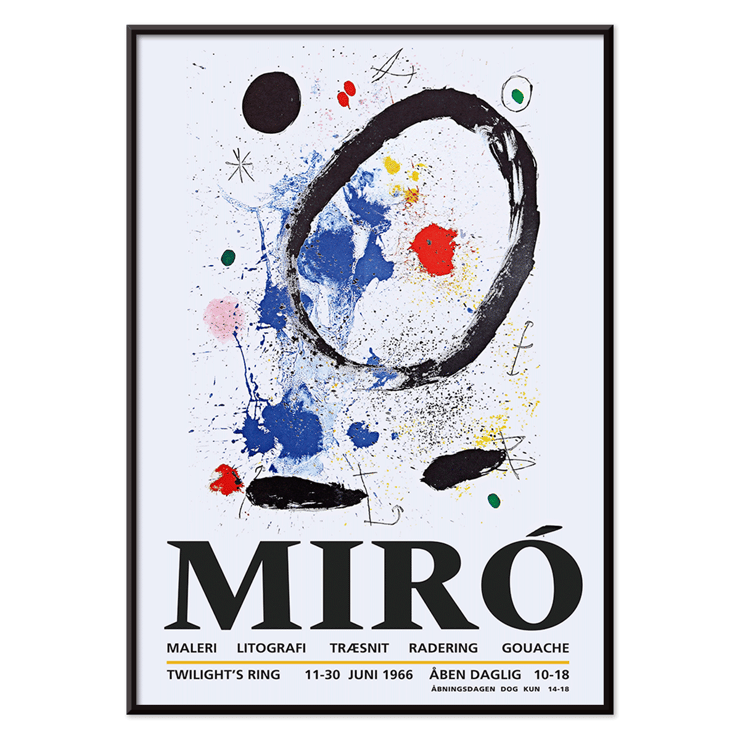 Twilight’s Ring exhibition poster inspired by Joan Miro featuring abstract artwork Poster featuring abstract artwork with bold colors and shapes by Joan Miro titled Twilights Ring.