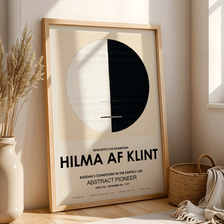 Exhibition poster titled Buddha's Standpoint in the Earthly Life by artist Hilma Af Klint featuring abstract black and white circle design. Exhibition poster with abstract artwork Buddha's Standpoint in the Earthly Life by Hilma Af Klint featuring a circle design.