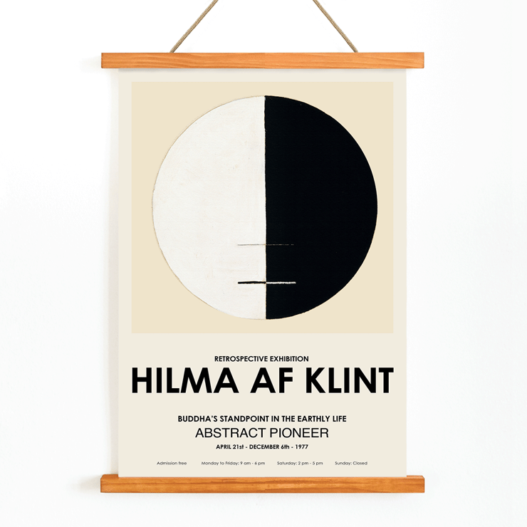 Exhibition poster titled Buddha's Standpoint in the Earthly Life by artist Hilma Af Klint featuring abstract black and white circle design. Exhibition poster with abstract artwork Buddha's Standpoint in the Earthly Life by Hilma Af Klint featuring a circle design.