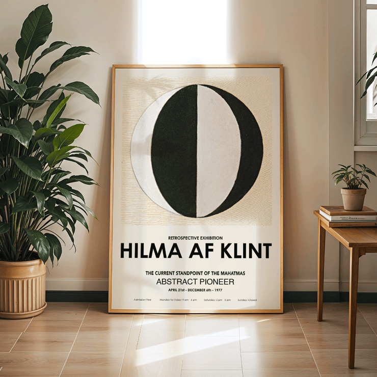 Abstract artwork The Current Standpoint of the Mahatmas by Hilma Af Klint featuring geometric shapes Poster of Hilma Af Klint's artwork The Current Standpoint of the Mahatmas featuring a black and white abstract circular design.