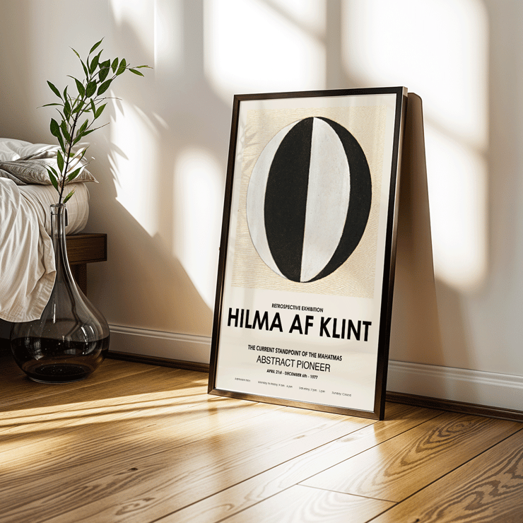 Abstract artwork The Current Standpoint of the Mahatmas by Hilma Af Klint featuring geometric shapes Poster of Hilma Af Klint's artwork The Current Standpoint of the Mahatmas featuring a black and white abstract circular design.