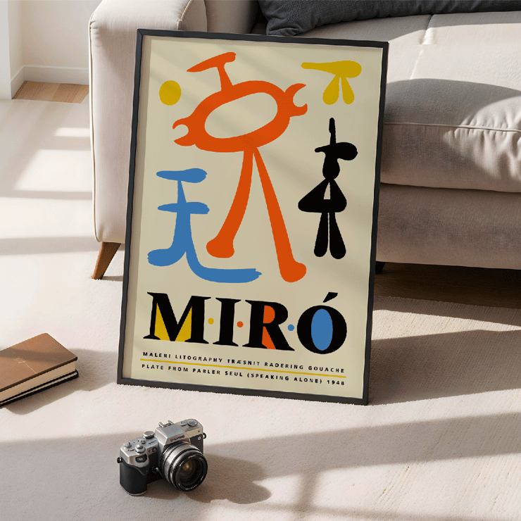 Exhibition poster inspired by Joan Miro featuring abstract shapes from Parler Seul Exhibition poster inspired by artwork Parler Seul by Joan Miro featuring colorful abstract shapes and bold typography.