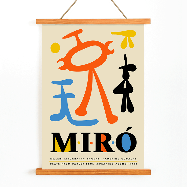 Exhibition poster inspired by Joan Miro featuring abstract shapes from Parler Seul Exhibition poster inspired by artwork Parler Seul by Joan Miro featuring colorful abstract shapes and bold typography.