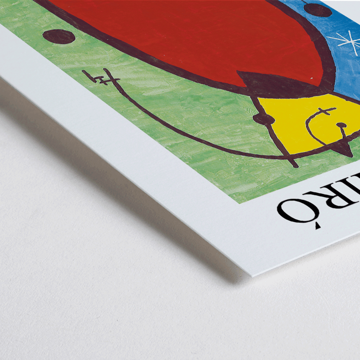 Exhibition poster featuring El Comienzo by Joan Miro with colorful abstract design. El Comienzo exhibition poster inspired by Joan Miro featuring abstract shapes and vibrant colors in a framed display
