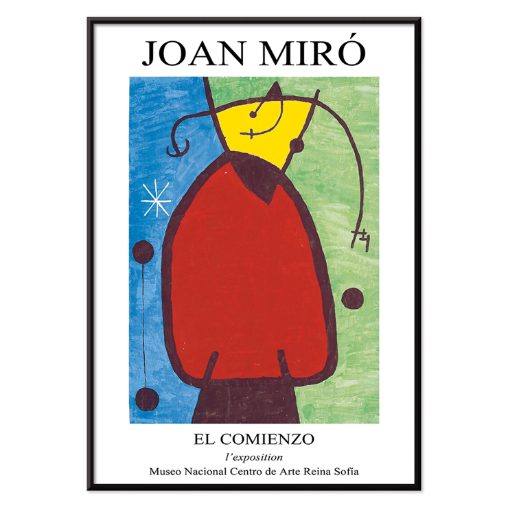 Exhibition poster featuring El Comienzo by Joan Miro with colorful abstract design. El Comienzo exhibition poster inspired by Joan Miro featuring abstract shapes and vibrant colors in a framed display