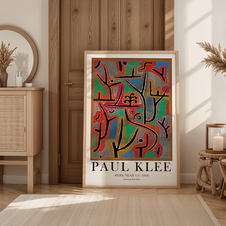 Exhibition poster featuring abstract painting Park Near Lu by Paul Klee. Poster of the artwork Park Near Lu by Paul Klee featuring vibrant abstract shapes and bold lines in diverse colors.