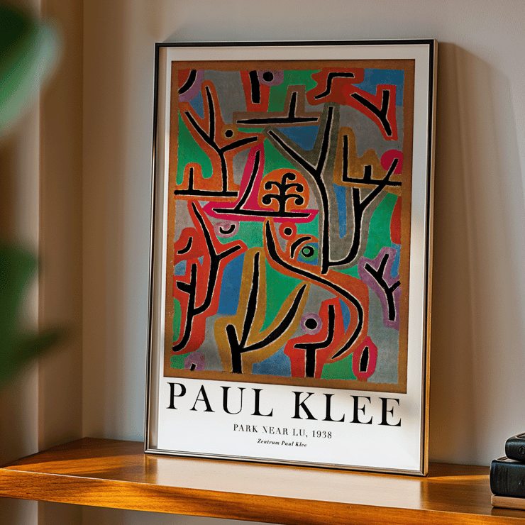 Exhibition poster featuring abstract painting Park Near Lu by Paul Klee. Poster of the artwork Park Near Lu by Paul Klee featuring vibrant abstract shapes and bold lines in diverse colors.