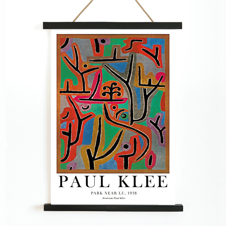 Exhibition poster featuring abstract painting Park Near Lu by Paul Klee. Poster of the artwork Park Near Lu by Paul Klee featuring vibrant abstract shapes and bold lines in diverse colors.