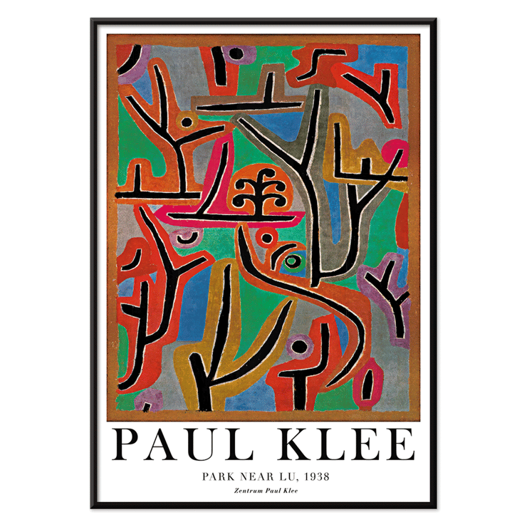 Exhibition poster featuring abstract painting Park Near Lu by Paul Klee. Poster of the artwork Park Near Lu by Paul Klee featuring vibrant abstract shapes and bold lines in diverse colors.