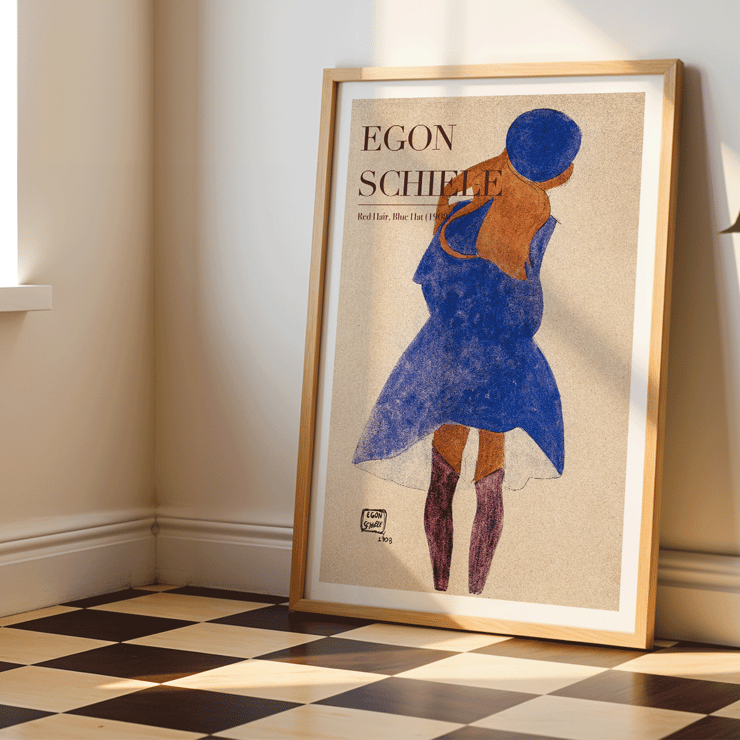 Egon Schiele exhibition poster featuring artwork Red Hair Blue Hat Exhibition poster featuring a woman with red hair in a blue dress and hat by Egon Schiele titled Red Hair Blue Hat