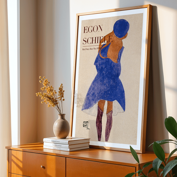 Egon Schiele exhibition poster featuring artwork Red Hair Blue Hat Exhibition poster featuring a woman with red hair in a blue dress and hat by Egon Schiele titled Red Hair Blue Hat