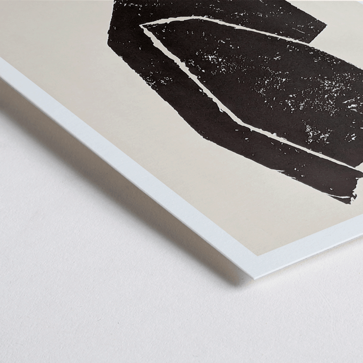 Ardoises Empreintes Exhibition Poster by Raoul Ubac Featuring Abstract Black Shapes Black abstract design on a white exhibition poster titled Ardoises Empreintes by artist Raoul Ubac from Galerie Maeght Paris.
