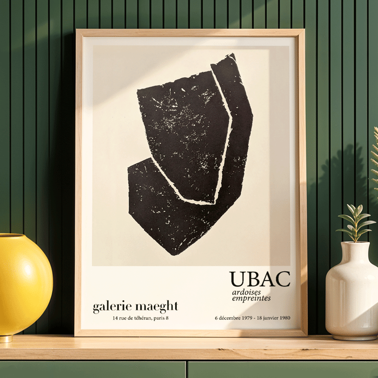 Ardoises Empreintes Exhibition Poster by Raoul Ubac Featuring Abstract Black Shapes Black abstract design on a white exhibition poster titled Ardoises Empreintes by artist Raoul Ubac from Galerie Maeght Paris.