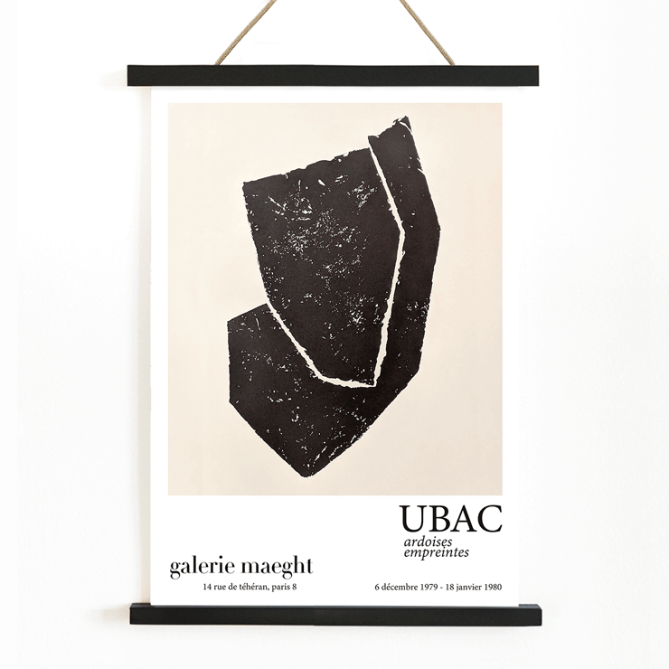 Ardoises Empreintes Exhibition Poster by Raoul Ubac Featuring Abstract Black Shapes Black abstract design on a white exhibition poster titled Ardoises Empreintes by artist Raoul Ubac from Galerie Maeght Paris.