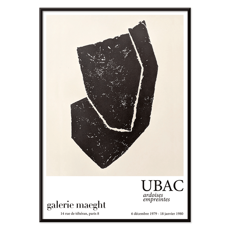 Ardoises Empreintes Exhibition Poster by Raoul Ubac Featuring Abstract Black Shapes Black abstract design on a white exhibition poster titled Ardoises Empreintes by artist Raoul Ubac from Galerie Maeght Paris.