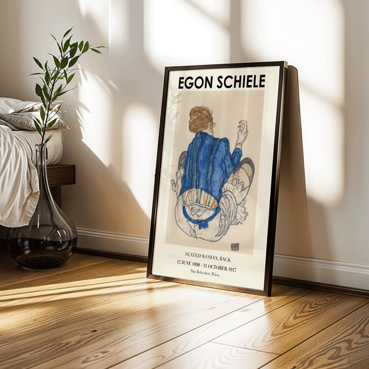 Egon Schiele exhibition poster featuring Woman Seated Back artwork Poster of Woman Seated Back artwork by Egon Schiele showing a woman with a colorful garment sitting with her back turned