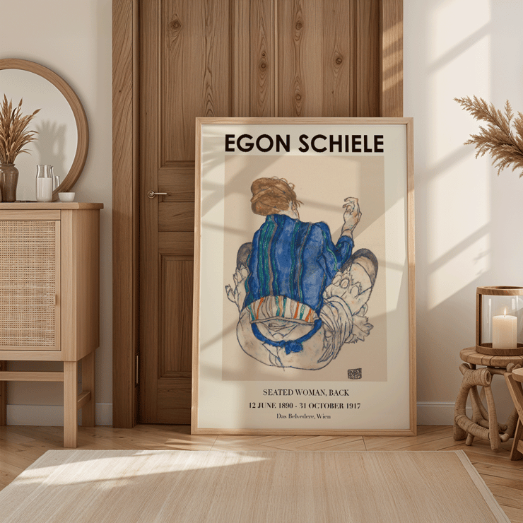 Egon Schiele exhibition poster featuring Woman Seated Back artwork Poster of Woman Seated Back artwork by Egon Schiele showing a woman with a colorful garment sitting with her back turned