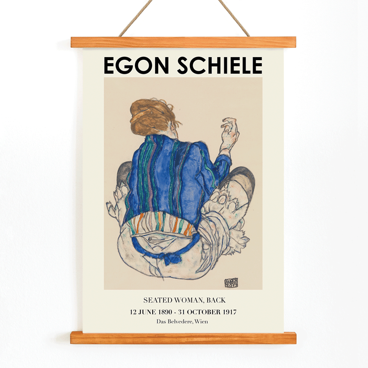 Egon Schiele exhibition poster featuring Woman Seated Back artwork Poster of Woman Seated Back artwork by Egon Schiele showing a woman with a colorful garment sitting with her back turned