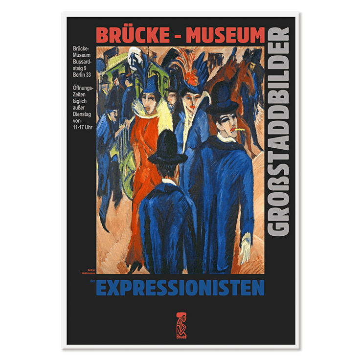 Farbenfrohe Berliner Straßenszene im Brücke-Museum von Ernst Kirchner mit Menschen in farbenfroher Kleidung. Poster präsentiert „Berliner Straßenszene“ im Brücke-Museum von Ernst Kirchner und hebt lebendige expressionistische Kunstwerke hervor