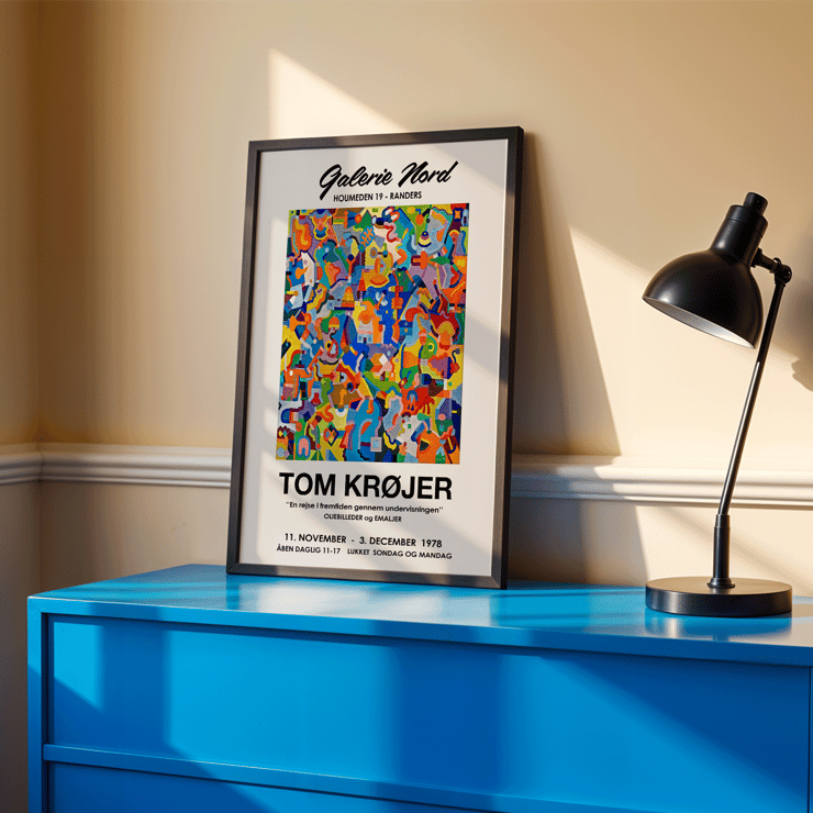 Colorful abstract artwork exhibition poster by Tom Krojer titled En rejse i fremtiden gennem undervisningen. Colorful abstract artwork on Tom Krojer exhibition poster at Galerie Nord featuring bold geometric shapes.