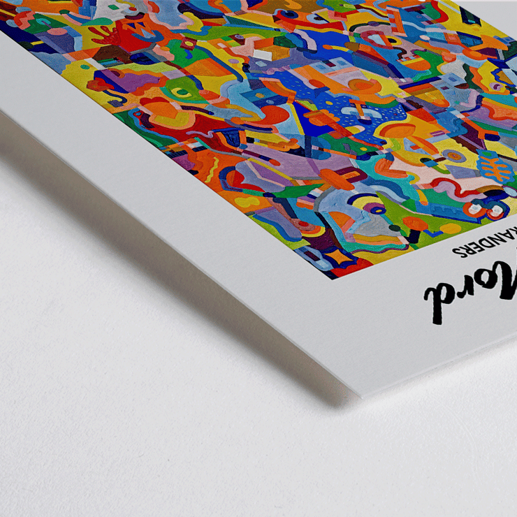 Colorful abstract artwork exhibition poster by Tom Krojer titled En rejse i fremtiden gennem undervisningen. Colorful abstract artwork on Tom Krojer exhibition poster at Galerie Nord featuring bold geometric shapes.