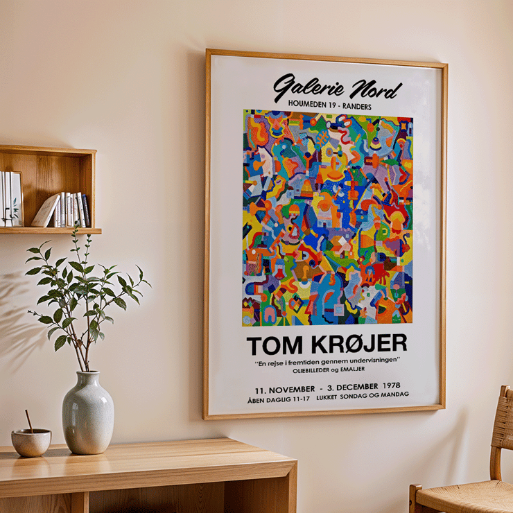 Colorful abstract artwork exhibition poster by Tom Krojer titled En rejse i fremtiden gennem undervisningen. Colorful abstract artwork on Tom Krojer exhibition poster at Galerie Nord featuring bold geometric shapes.
