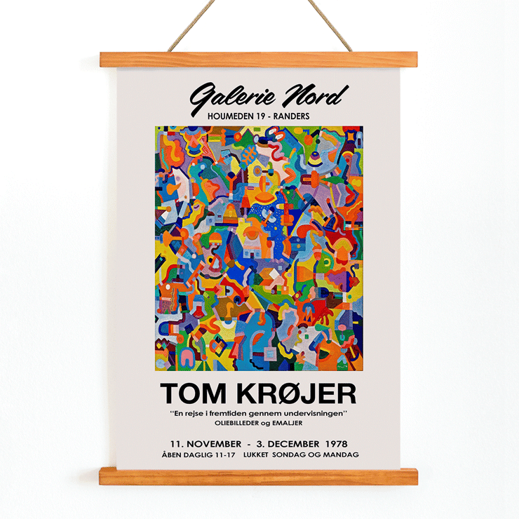Colorful abstract artwork exhibition poster by Tom Krojer titled En rejse i fremtiden gennem undervisningen. Colorful abstract artwork on Tom Krojer exhibition poster at Galerie Nord featuring bold geometric shapes.