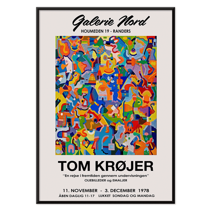 Colorful abstract artwork exhibition poster by Tom Krojer titled En rejse i fremtiden gennem undervisningen. Colorful abstract artwork on Tom Krojer exhibition poster at Galerie Nord featuring bold geometric shapes.