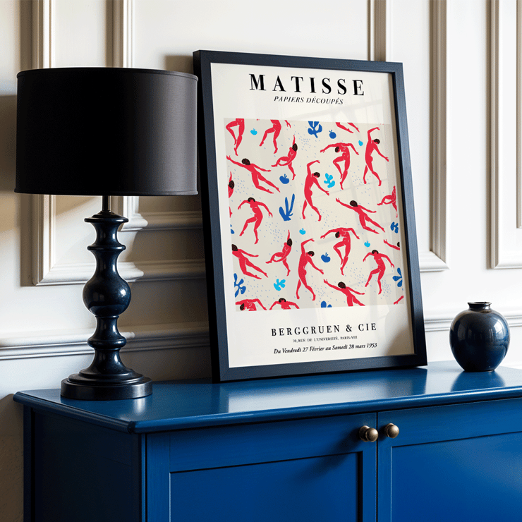 Matisse Dancing Figures Exhibition Poster featuring red cut-out figures on a patterned background with exhibition details.
