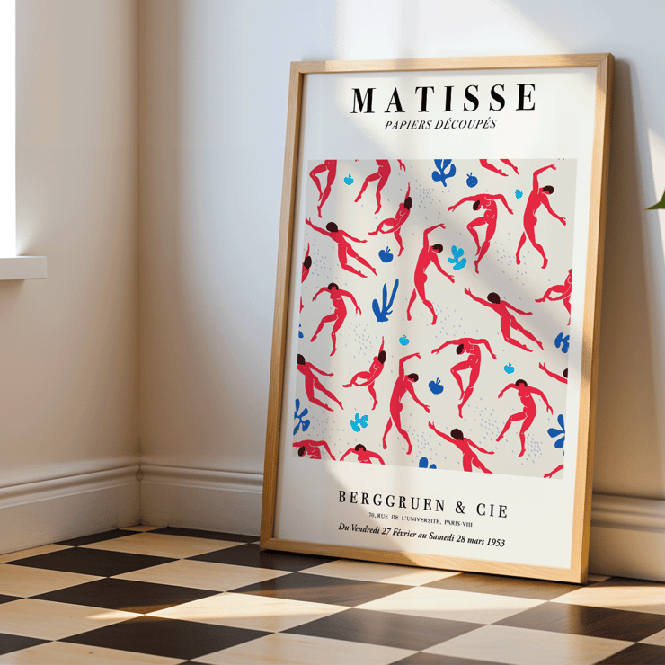Matisse Dancing Figures Exhibition Poster featuring red cut-out figures on a patterned background with exhibition details.