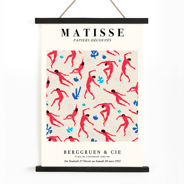 Matisse Dancing Figures Exhibition Poster featuring red cut-out figures on a patterned background with exhibition details.
