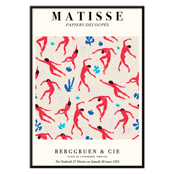 Matisse Dancing Figures Exhibition Poster featuring red cut-out figures on a patterned background with exhibition details.