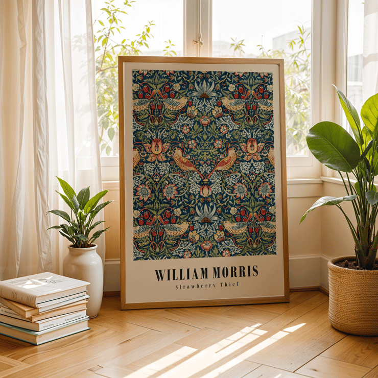 Aufwändiges Kunstwerk mit Blumen- und Vogelmuster „Strawberry Thief“ von William Morris. Poster von Strawberry Thief von William Morris mit komplizierten Blumen- und Vogelmustern in satten Farben.