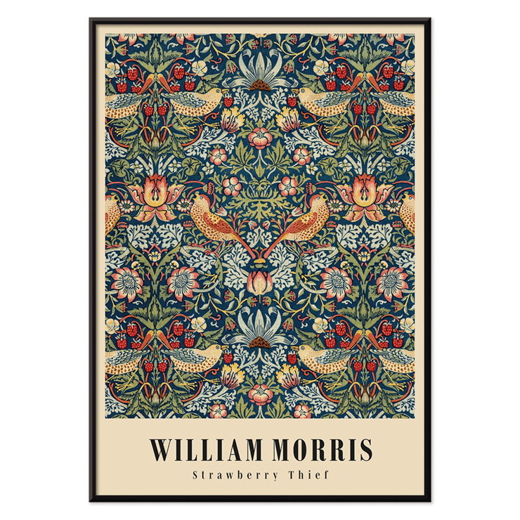 Aufwändiges Kunstwerk mit Blumen- und Vogelmuster „Strawberry Thief“ von William Morris. Poster von Strawberry Thief von William Morris mit komplizierten Blumen- und Vogelmustern in satten Farben.