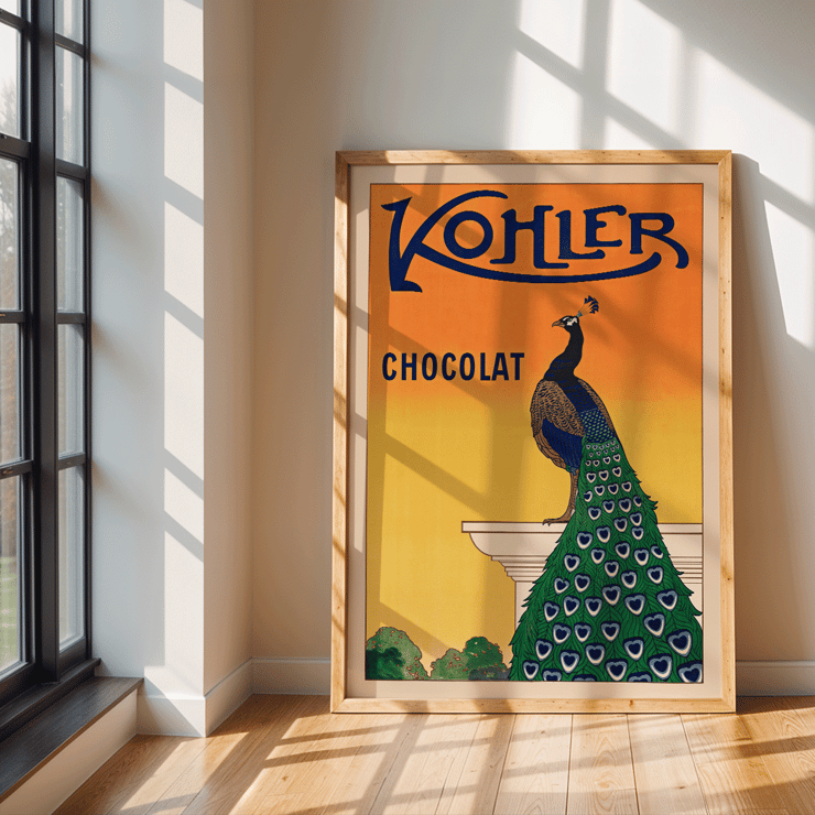 Kohler Chocolat by F. Champenois featuring a peacock on an art nouveau poster Poster featuring a vibrant peacock on a pedestal by F Champenois for Kohler Chocolat against an orange background.