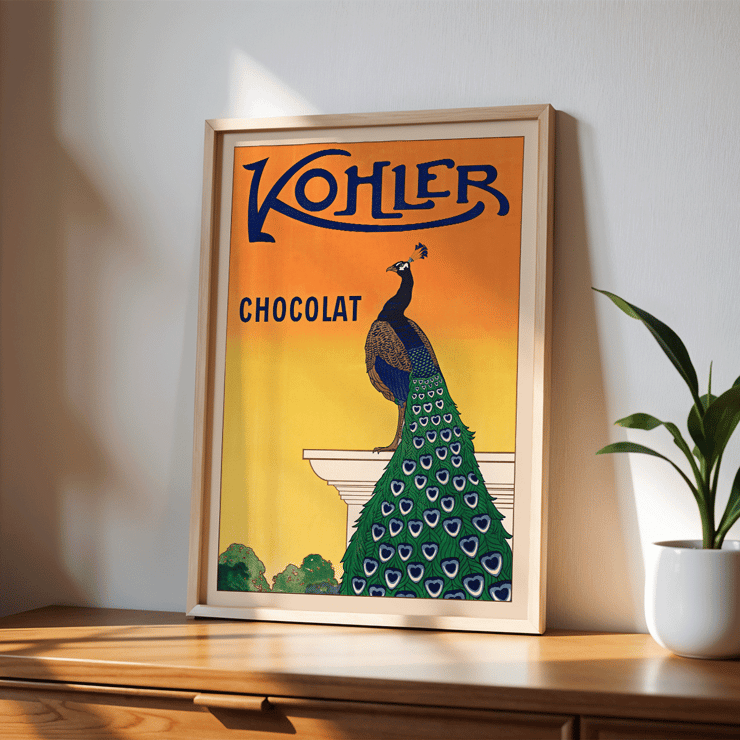 Kohler Chocolat by F. Champenois featuring a peacock on an art nouveau poster Poster featuring a vibrant peacock on a pedestal by F Champenois for Kohler Chocolat against an orange background.