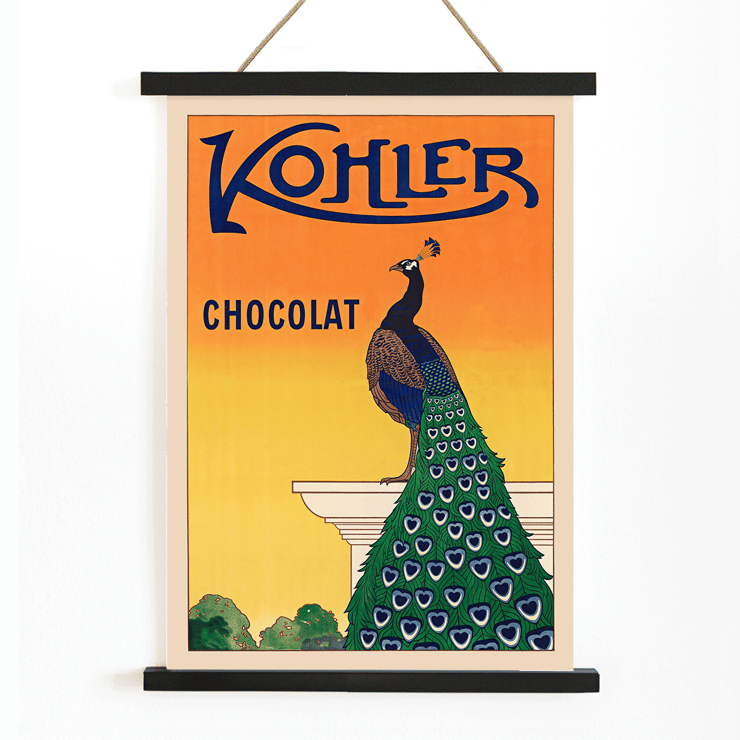 Kohler Chocolat by F. Champenois featuring a peacock on an art nouveau poster Poster featuring a vibrant peacock on a pedestal by F Champenois for Kohler Chocolat against an orange background.
