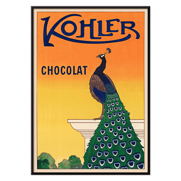 Kohler Chocolat by F. Champenois featuring a peacock on an art nouveau poster Poster featuring a vibrant peacock on a pedestal by F Champenois for Kohler Chocolat against an orange background.
