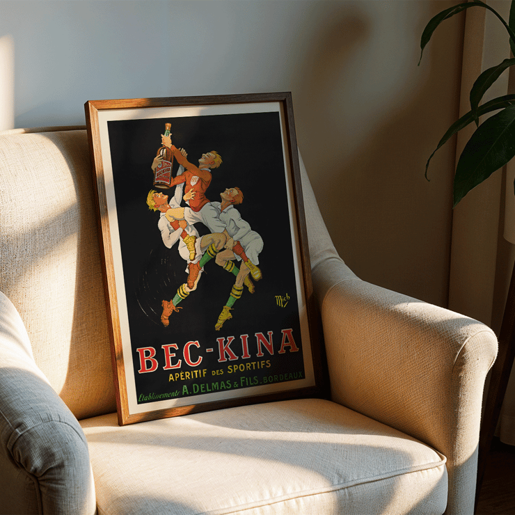 Bec-Kina by Michel Liebeaux features athletes reaching for a bottle in dynamic sports-themed artwork Poster of athletes reaching for a bottle featuring vibrant colors and dynamic movement by Michel Liebeaux titled Bec-Kina.