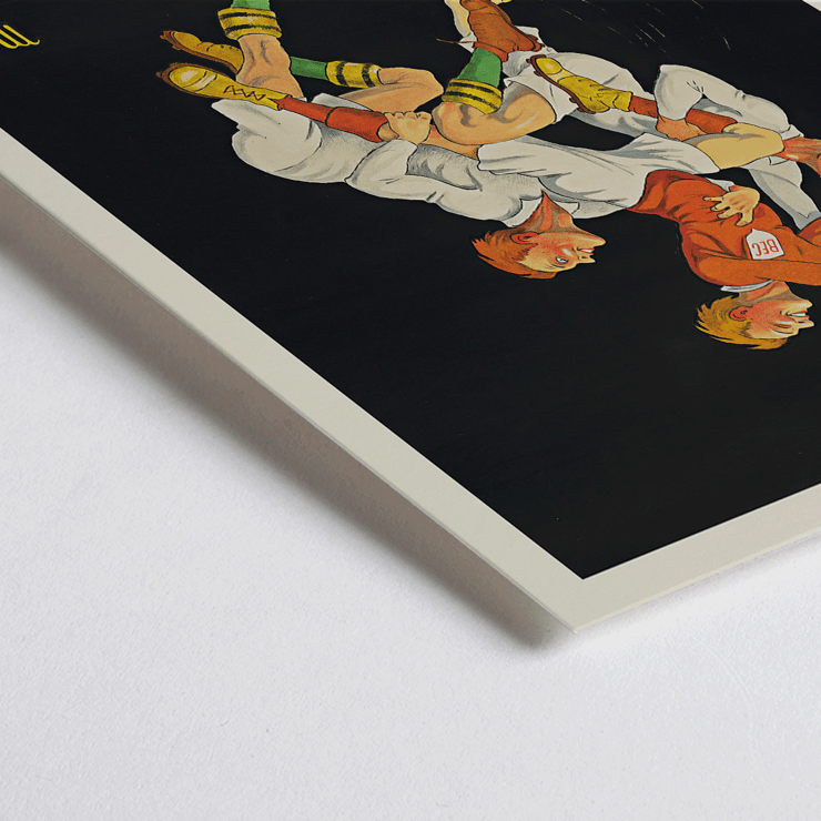 Bec-Kina by Michel Liebeaux features athletes reaching for a bottle in dynamic sports-themed artwork Poster of athletes reaching for a bottle featuring vibrant colors and dynamic movement by Michel Liebeaux titled Bec-Kina.