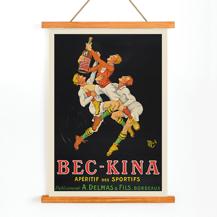 Bec-Kina by Michel Liebeaux features athletes reaching for a bottle in dynamic sports-themed artwork Poster of athletes reaching for a bottle featuring vibrant colors and dynamic movement by Michel Liebeaux titled Bec-Kina.