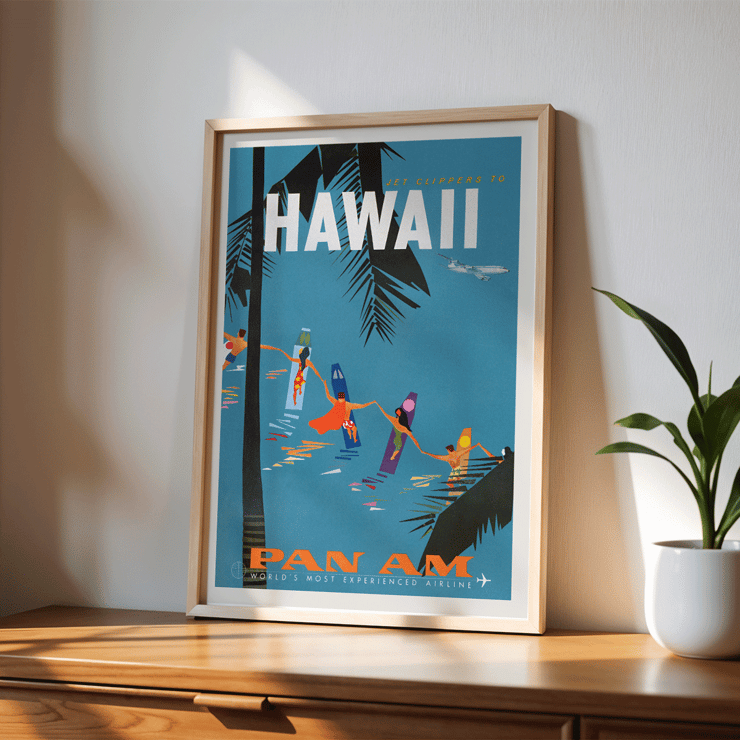Colorful travel poster Jet Clipper to Hawaii by Pan Am Airlines featuring palm trees and surfers Poster of Jet Clipper to Hawaii by Pan Am Airlines featuring dancers on surfboards and airplane flying above palm leaves.